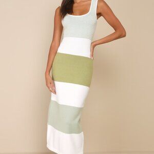 Lulus Easily Gorgeous Ivory And Sage Green Striped Midi Sweater Dress